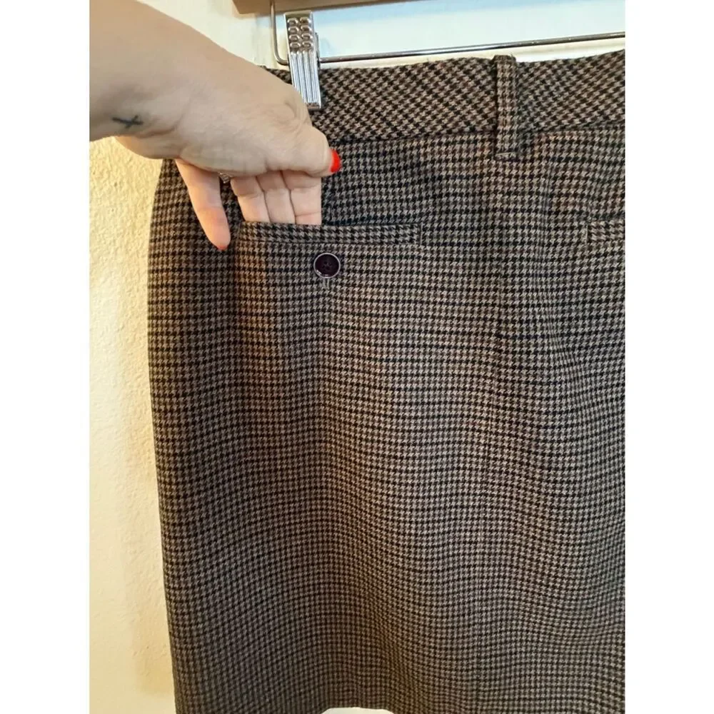 Eddie Bauer Skirt Wool Brown Houndstooth Fully Lined Front Zip Size 10 Pockets